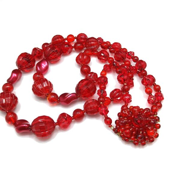 Vintage 1940s Red Lucite Beaded Necklace, Large Beaded Clasp - Picture 1 of 10